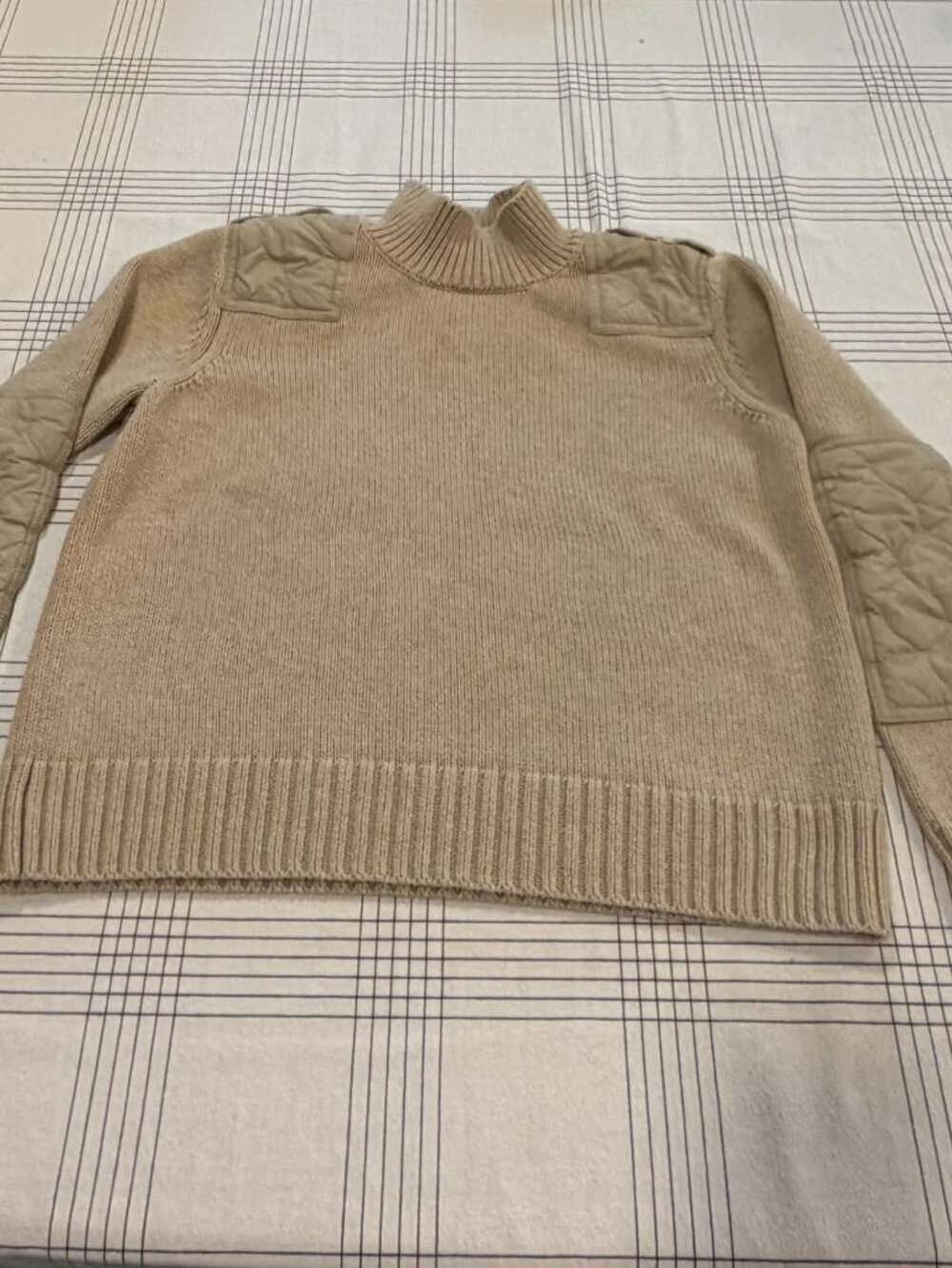 525 America Beige Quilted Military Mixed-Media Mock Neck Sweater